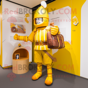 Yellow Swiss Guard mascot costume character dressed with a Leggings and Wallets