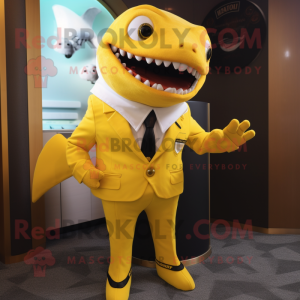 Yellow Shark mascot costume character dressed with a Suit and Cufflinks