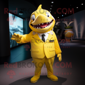 Yellow Shark mascot costume character dressed with a Suit and Cufflinks