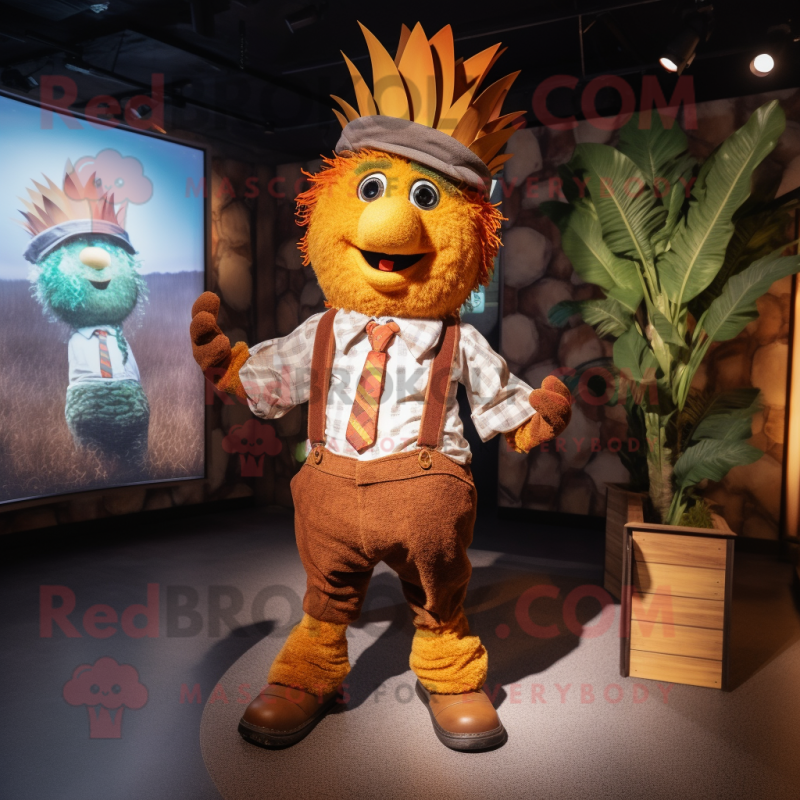 Rust Pineapple mascot costume character dressed with a Bermuda Shorts and Suspenders