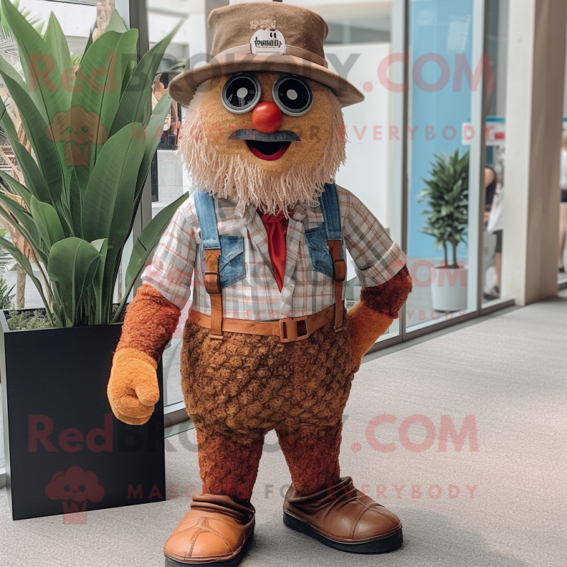 Rust Pineapple mascot costume character dressed with a Bermuda Shorts and Suspenders