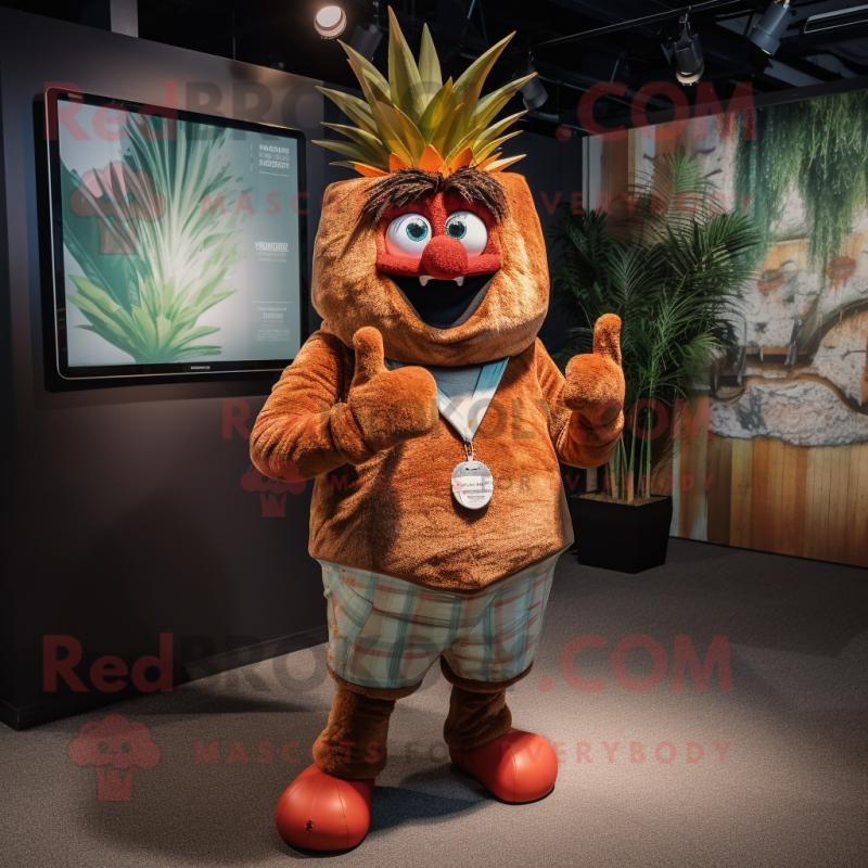 Rust Pineapple mascot costume character dressed with a Bermuda Shorts and Suspenders