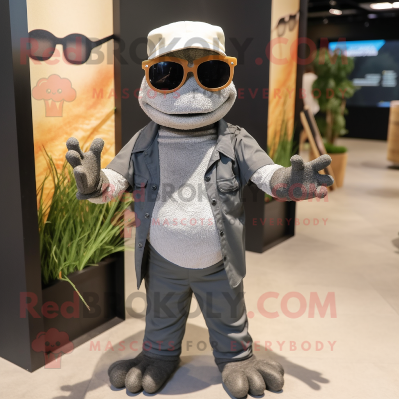 Gray Python mascot costume character dressed with a Trousers and Sunglasses