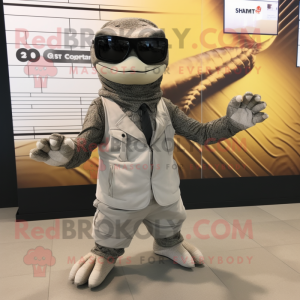 Gray Python mascot costume character dressed with a Trousers and Sunglasses