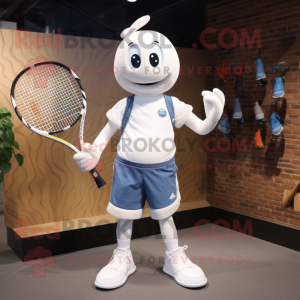 White Tennis Racket mascot costume character dressed with a Denim Shorts and Shoe laces