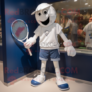 White Tennis Racket mascot costume character dressed with a Denim Shorts and Shoe laces