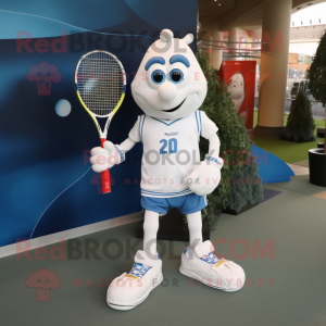 White Tennis Racket mascot costume character dressed with a Denim Shorts and Shoe laces