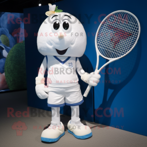 White Tennis Racket mascot costume character dressed with a Denim Shorts and Shoe laces