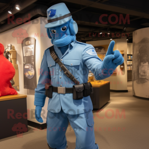 Blue American Soldier mascot costume character dressed with a Waistcoat and Gloves