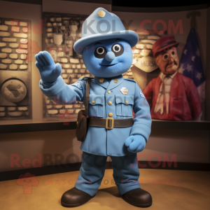 Blue American Soldier mascot costume character dressed with a Waistcoat and Gloves