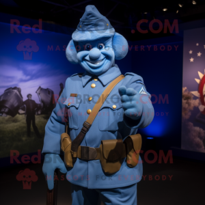Blue American Soldier mascot costume character dressed with a Waistcoat and Gloves