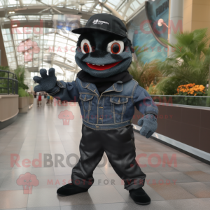 Black Piranha mascot costume character dressed with a Flare Jeans and Berets