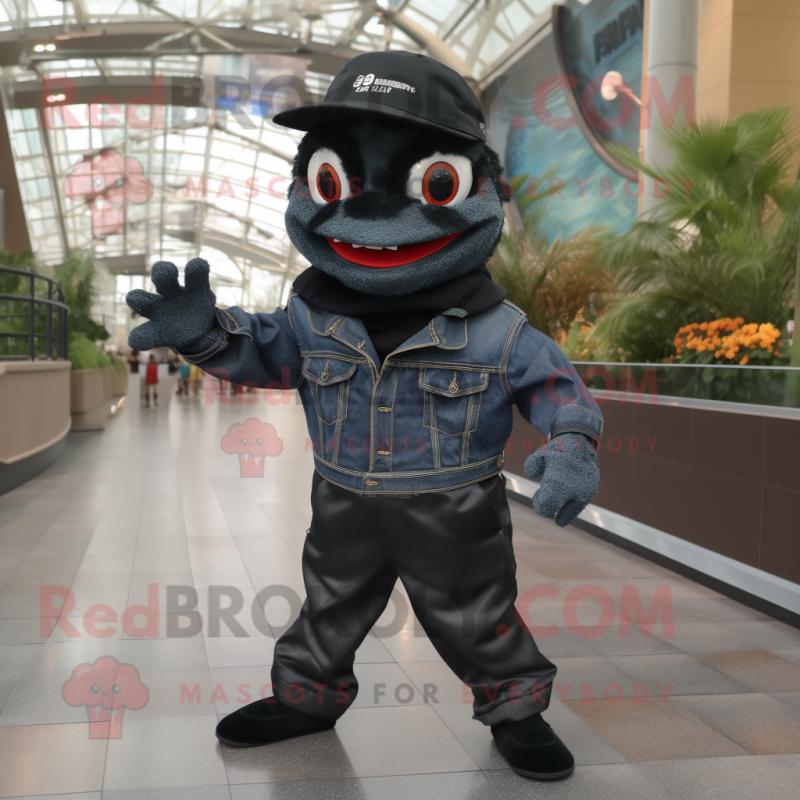 Black Piranha mascot costume character dressed with a Flare Jeans and Berets Black Piranha mascot costume character dressed with a Flare Jeans and Berets