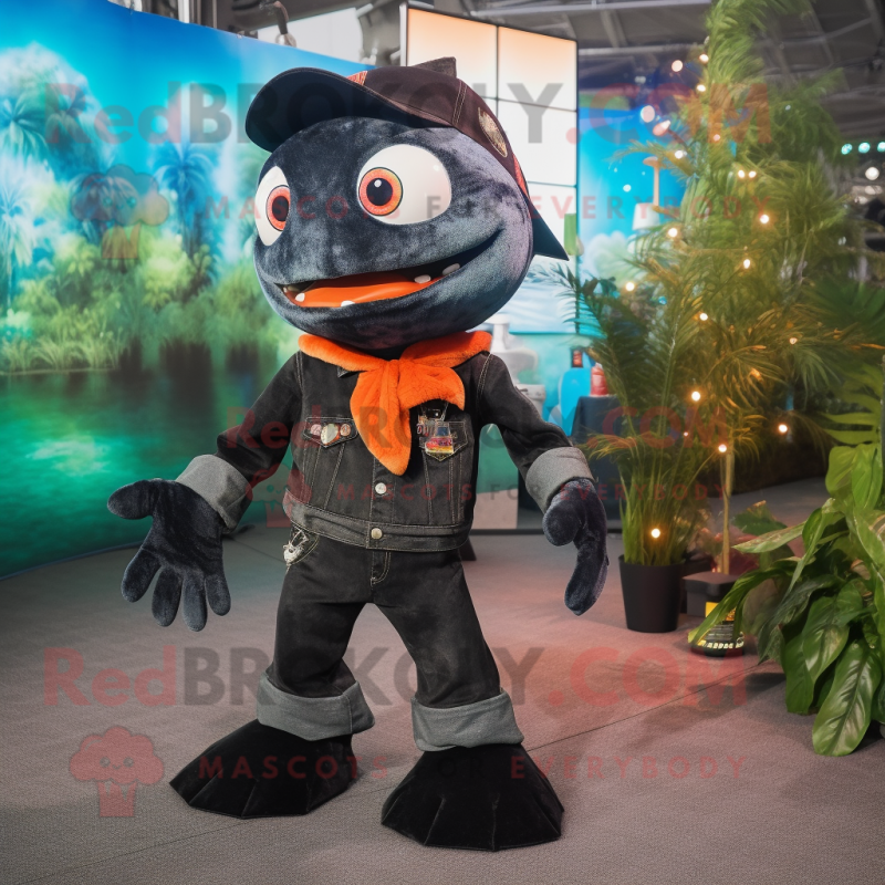 Black Piranha mascot costume character dressed with a Flare Jeans and Berets