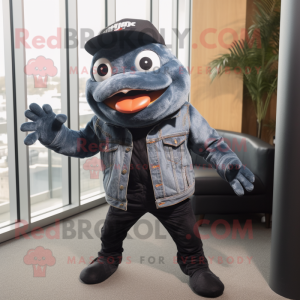 Black Piranha mascot costume character dressed with a Flare Jeans and Berets