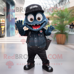 Black Piranha mascot costume character dressed with a Flare Jeans and Berets