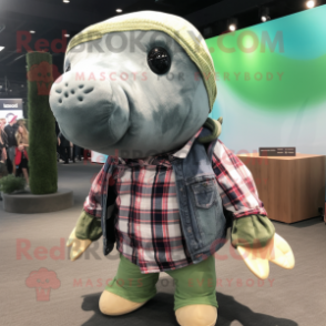 Olive Whale mascot costume character dressed with a Flannel Shirt and Keychains