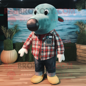 Olive Whale mascot costume character dressed with a Flannel Shirt and Keychains