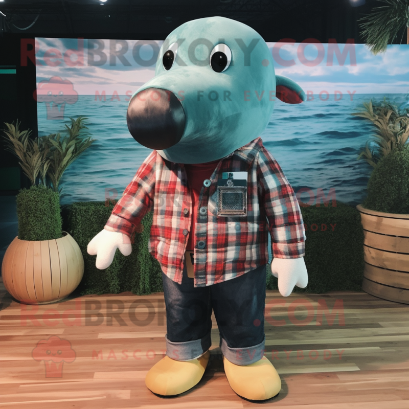 Olive Whale mascot costume character dressed with a Flannel Shirt and Keychains Olive Whale mascot costume character dressed with a Flannel Shirt and Keychains