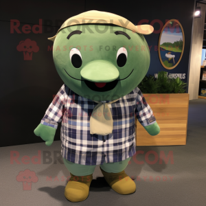 Olive Whale mascot costume character dressed with a Flannel Shirt and Keychains