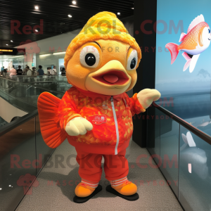 nan Goldfish mascot costume character dressed with a Rash Guard and Shoe clips