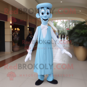 Sky Blue Stilt Walker mascot costume character dressed with a Dress Shirt and Suspenders