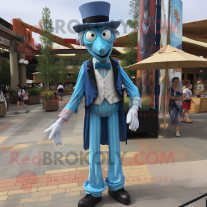 Sky Blue Stilt Walker mascot costume character dressed with a Dress Shirt and Suspenders