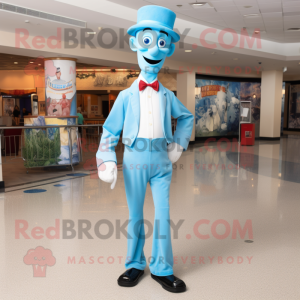 Sky Blue Stilt Walker mascot costume character dressed with a Dress Shirt and Suspenders