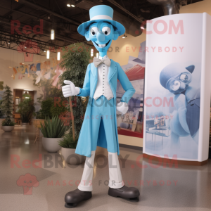 Sky Blue Stilt Walker mascot costume character dressed with a Dress Shirt and Suspenders