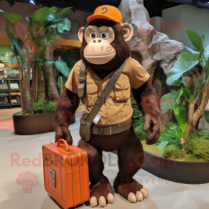 Rust Chimpanzee mascot costume character dressed with a Cargo Shorts and Handbags