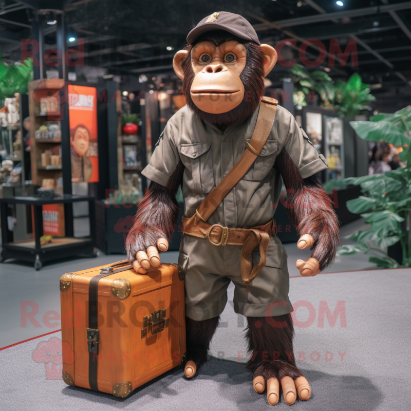 Rust Chimpanzee mascot costume character dressed with a Cargo Shorts and Handbags Rust Chimpanzee mascot costume character dressed with a Cargo Shorts and Handbags