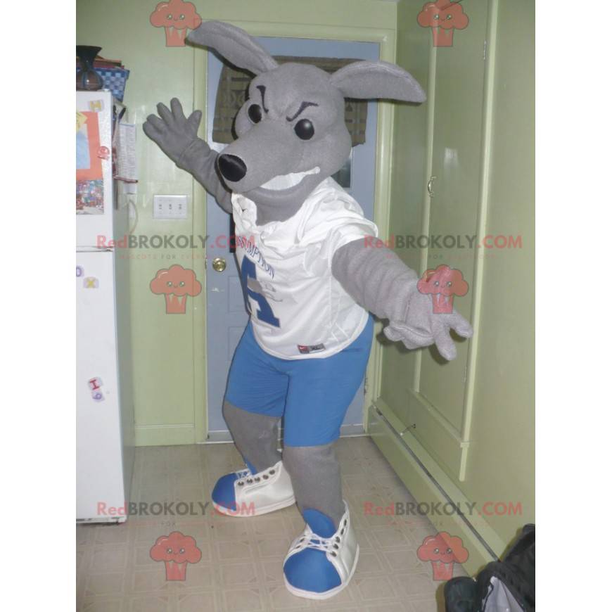 Mascota canguro gris en traje azul y blanco - Redbrokoly.com