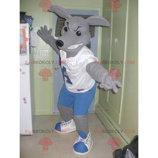 Gray kangaroo mascot in blue and white outfit - Redbrokoly.com