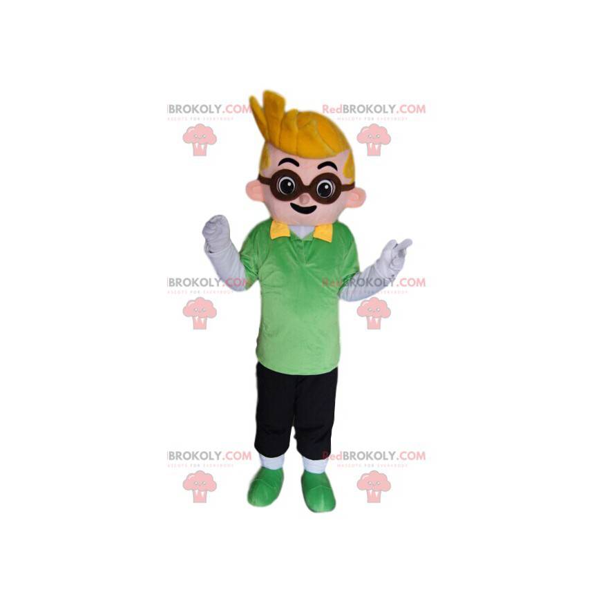 Maskottchen kleiner blonder Junge mit Brille - Redbrokoly.com