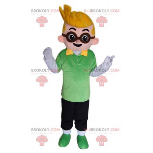 Maskottchen kleiner blonder Junge mit Brille - Redbrokoly.com