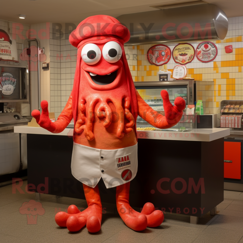 Red Fried Calamari mascot costume character dressed with a Bermuda Shorts and Beanies