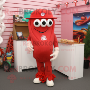 Red Fried Calamari mascot costume character dressed with a Bermuda Shorts and Beanies