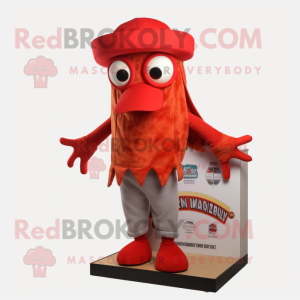Red Fried Calamari mascot costume character dressed with a Bermuda Shorts and Beanies