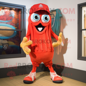 Red Fried Calamari mascot costume character dressed with a Bermuda Shorts and Beanies