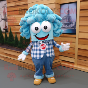 Sky Blue Fried Calamari mascot costume character dressed with a Flannel Shirt and Hair clips