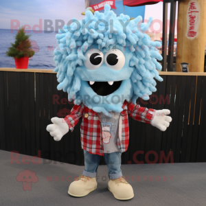 Sky Blue Fried Calamari mascot costume character dressed with a Flannel Shirt and Hair clips