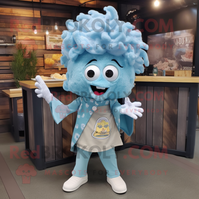 Sky Blue Fried Calamari mascot costume character dressed with a Flannel Shirt and Hair clips Sky Blue Fried Calamari mascot costume character dressed with a Flannel Shirt and Hair clips