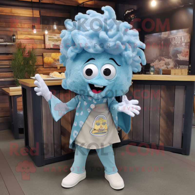 Sky Blue Fried Calamari mascot costume character dressed with a Flannel Shirt and Hair clips