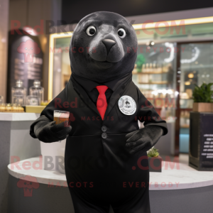 Black Seal mascot costume character dressed with a Cocktail Dress and Smartwatches