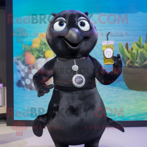 Black Seal mascot costume character dressed with a Cocktail Dress and Smartwatches