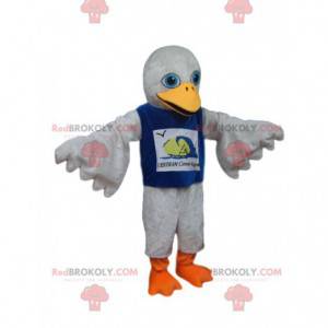 Mascotte uccello bianco con una maglia blu - Redbrokoly.com