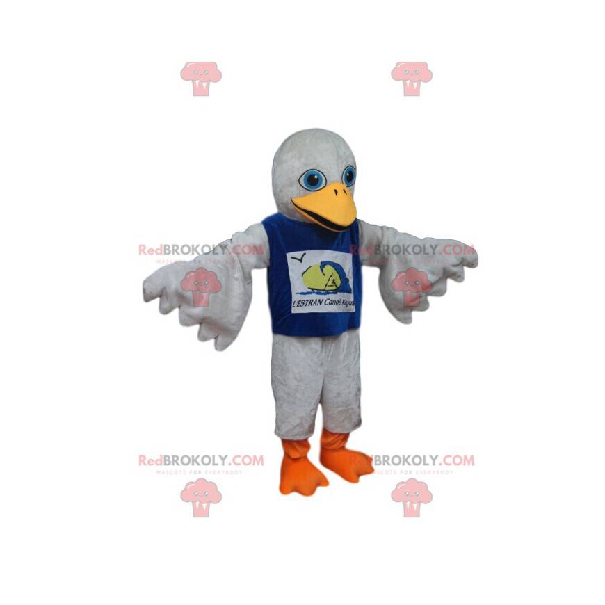 Mascote pássaro branco com uma camisa azul - Redbrokoly.com