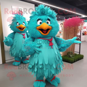 Turquoise Fried Chicken mascot costume character dressed with a Maxi Dress and Keychains