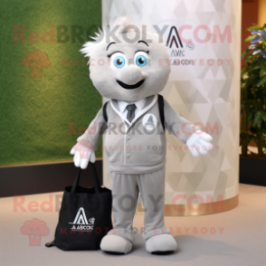 Silver Alliance mascot costume character dressed with a Suit Pants and Tote bags
