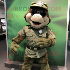 Gray Green Beret mascot costume character dressed with a Oxford Shirt and Bracelet watches